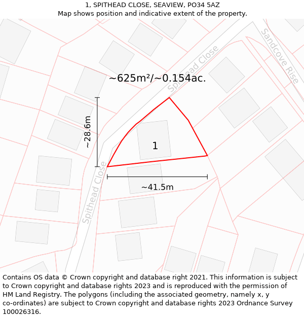 1, SPITHEAD CLOSE, SEAVIEW, PO34 5AZ: Plot and title map