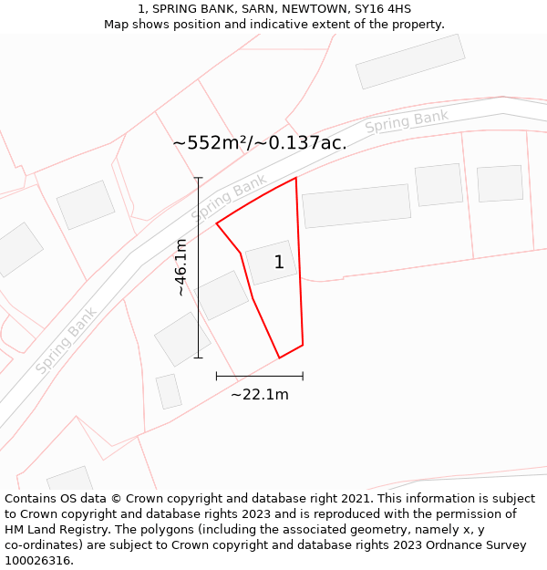 1, SPRING BANK, SARN, NEWTOWN, SY16 4HS: Plot and title map