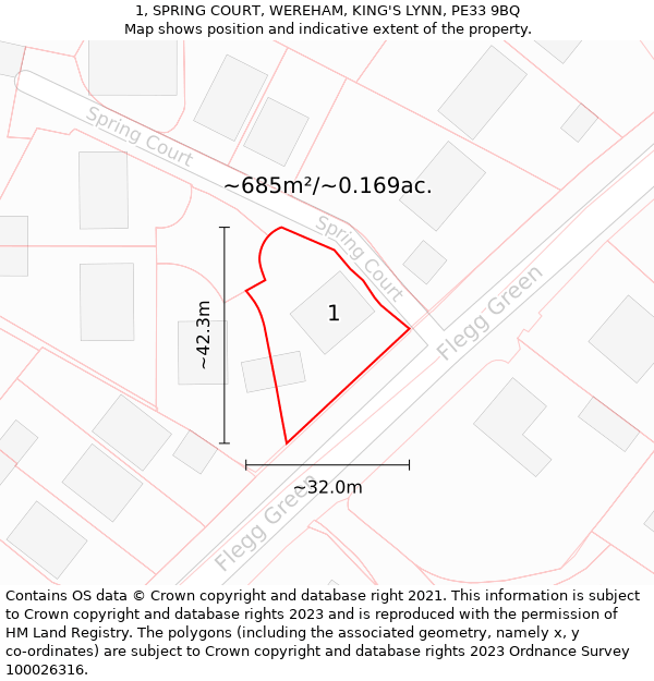 1, SPRING COURT, WEREHAM, KING'S LYNN, PE33 9BQ: Plot and title map