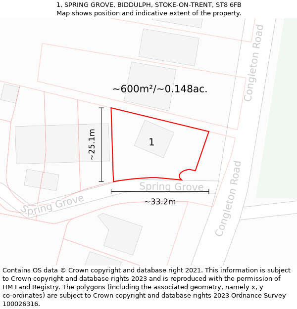 1, SPRING GROVE, BIDDULPH, STOKE-ON-TRENT, ST8 6FB: Plot and title map