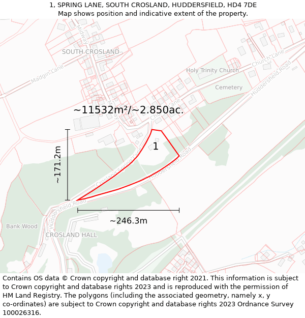 1, SPRING LANE, SOUTH CROSLAND, HUDDERSFIELD, HD4 7DE: Plot and title map