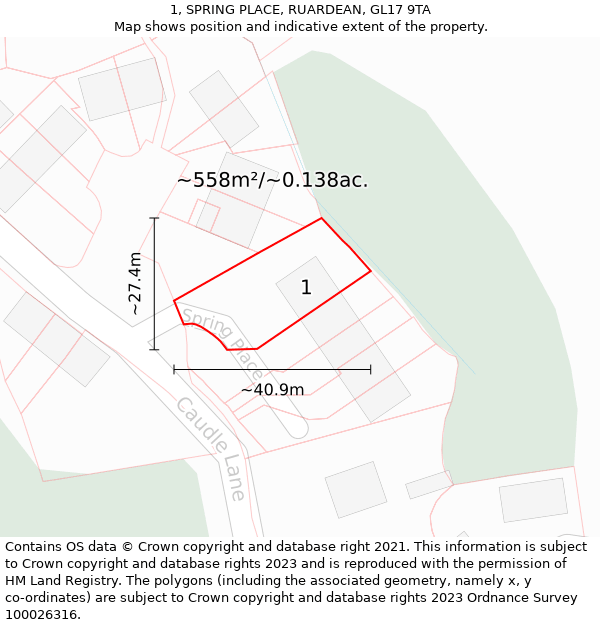 1, SPRING PLACE, RUARDEAN, GL17 9TA: Plot and title map