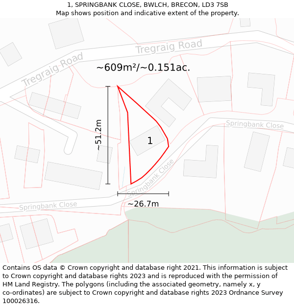 1, SPRINGBANK CLOSE, BWLCH, BRECON, LD3 7SB: Plot and title map