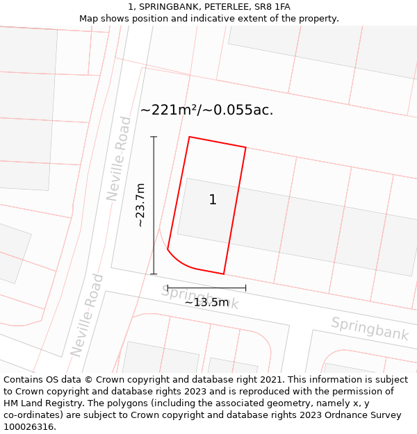 1, SPRINGBANK, PETERLEE, SR8 1FA: Plot and title map