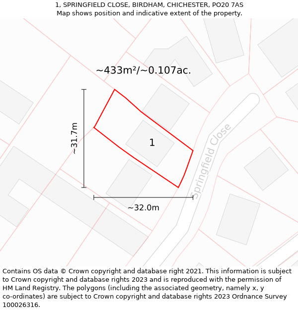 1, SPRINGFIELD CLOSE, BIRDHAM, CHICHESTER, PO20 7AS: Plot and title map