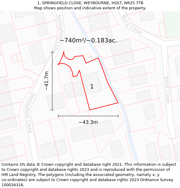 1, SPRINGFIELD CLOSE, WEYBOURNE, HOLT, NR25 7TB: Plot and title map