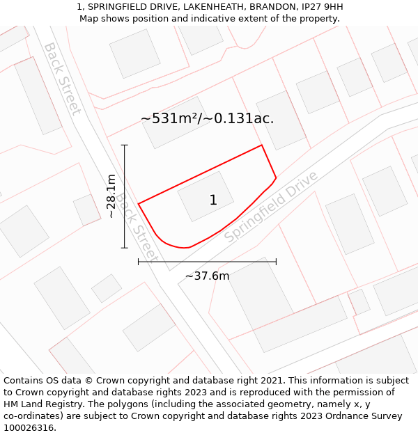 1, SPRINGFIELD DRIVE, LAKENHEATH, BRANDON, IP27 9HH: Plot and title map