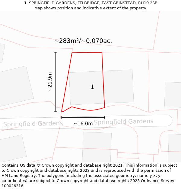 1, SPRINGFIELD GARDENS, FELBRIDGE, EAST GRINSTEAD, RH19 2SP: Plot and title map