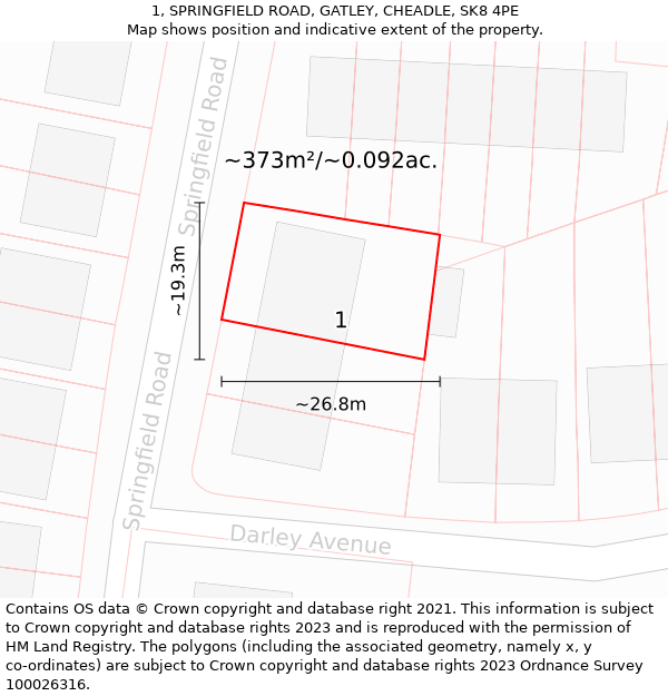 1, SPRINGFIELD ROAD, GATLEY, CHEADLE, SK8 4PE: Plot and title map