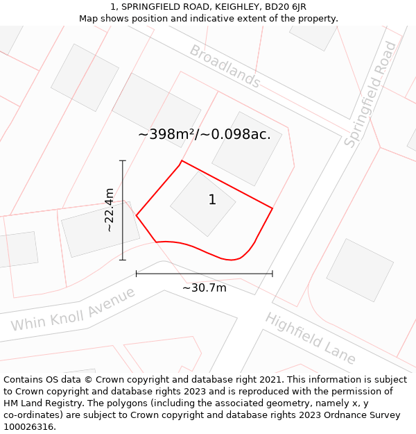 1, SPRINGFIELD ROAD, KEIGHLEY, BD20 6JR: Plot and title map