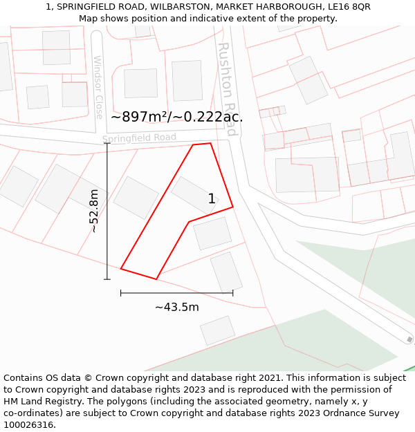 1, SPRINGFIELD ROAD, WILBARSTON, MARKET HARBOROUGH, LE16 8QR: Plot and title map