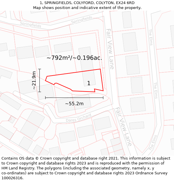 1, SPRINGFIELDS, COLYFORD, COLYTON, EX24 6RD: Plot and title map