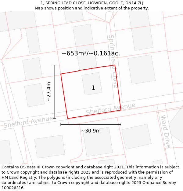 1, SPRINGHEAD CLOSE, HOWDEN, GOOLE, DN14 7LJ: Plot and title map