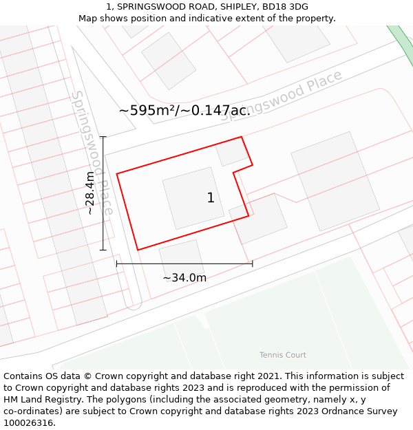 1, SPRINGSWOOD ROAD, SHIPLEY, BD18 3DG: Plot and title map