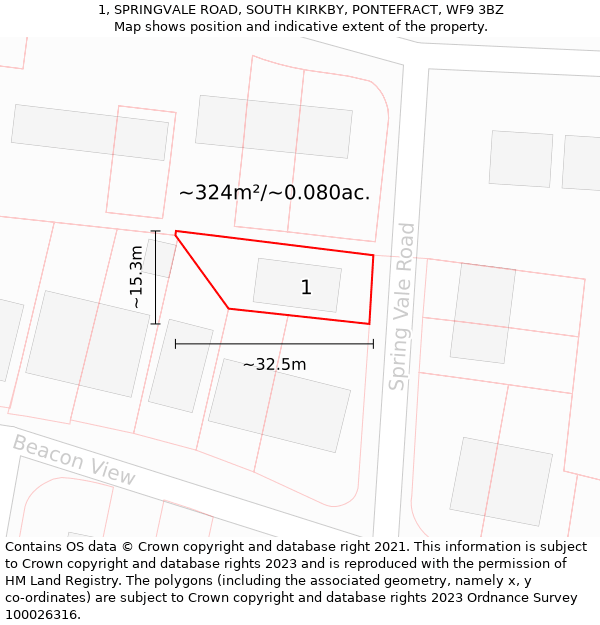 1, SPRINGVALE ROAD, SOUTH KIRKBY, PONTEFRACT, WF9 3BZ: Plot and title map