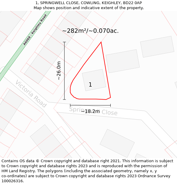 1, SPRINGWELL CLOSE, COWLING, KEIGHLEY, BD22 0AP: Plot and title map