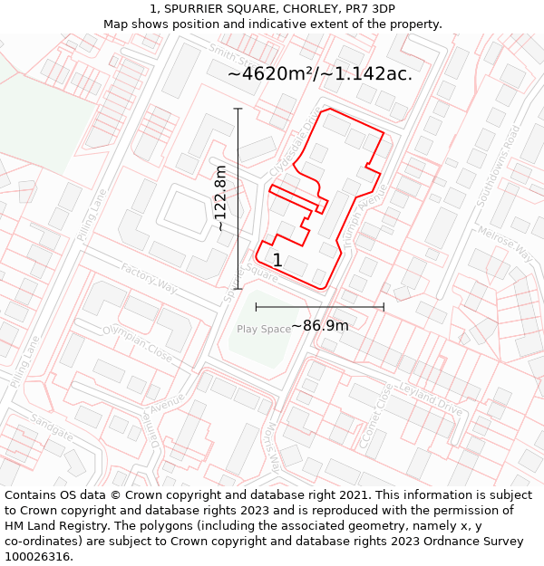 1, SPURRIER SQUARE, CHORLEY, PR7 3DP: Plot and title map