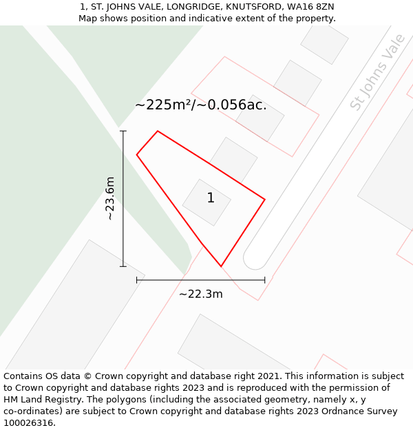 1, ST. JOHNS VALE, LONGRIDGE, KNUTSFORD, WA16 8ZN: Plot and title map