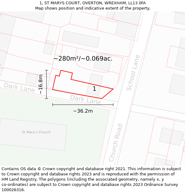 1, ST MARYS COURT, OVERTON, WREXHAM, LL13 0FA: Plot and title map