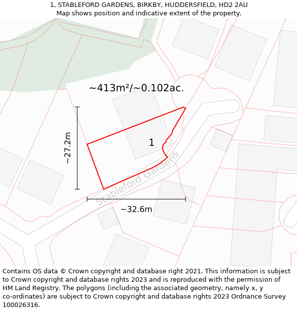 1, STABLEFORD GARDENS, BIRKBY, HUDDERSFIELD, HD2 2AU: Plot and title map