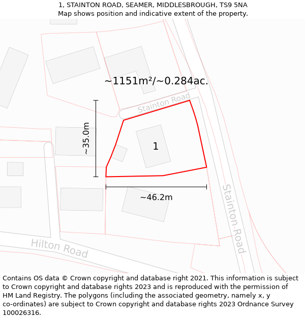 1, STAINTON ROAD, SEAMER, MIDDLESBROUGH, TS9 5NA: Plot and title map