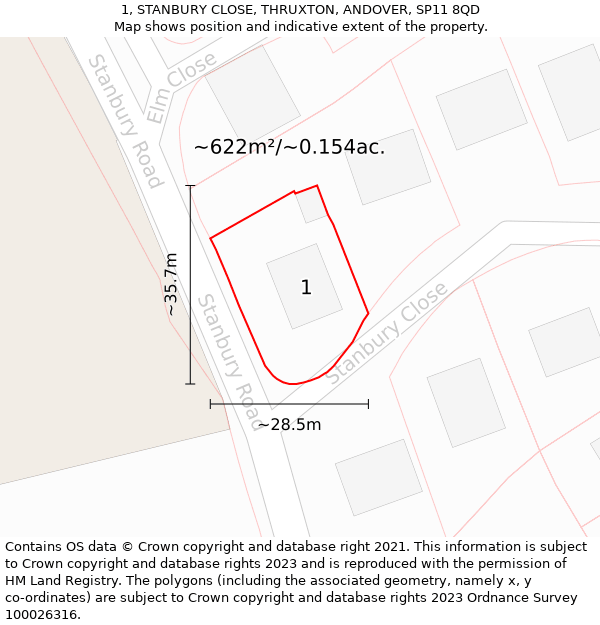 1, STANBURY CLOSE, THRUXTON, ANDOVER, SP11 8QD: Plot and title map