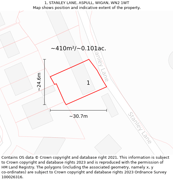 1, STANLEY LANE, ASPULL, WIGAN, WN2 1WT: Plot and title map