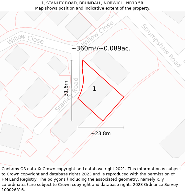 1, STANLEY ROAD, BRUNDALL, NORWICH, NR13 5RJ: Plot and title map