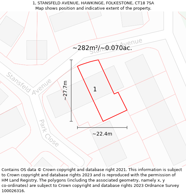 1, STANSFELD AVENUE, HAWKINGE, FOLKESTONE, CT18 7SA: Plot and title map