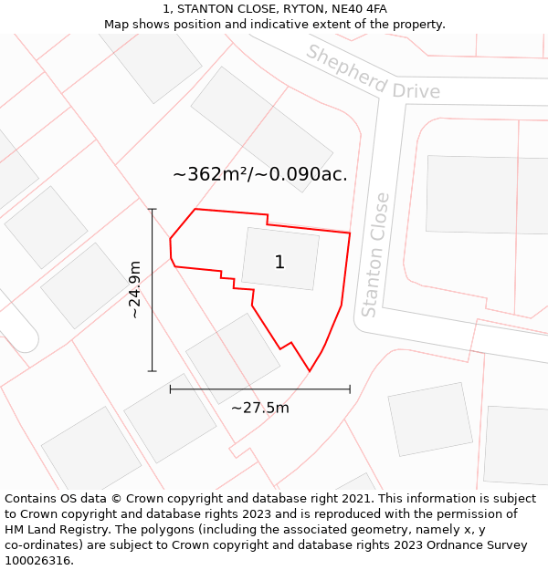 1, STANTON CLOSE, RYTON, NE40 4FA: Plot and title map