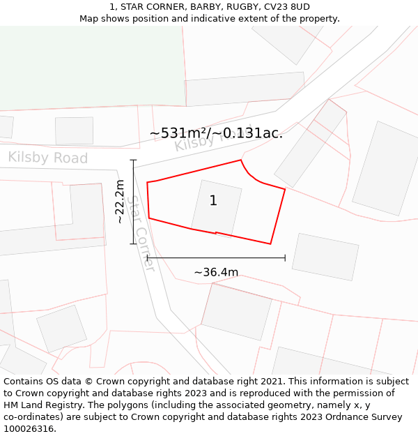 1, STAR CORNER, BARBY, RUGBY, CV23 8UD: Plot and title map