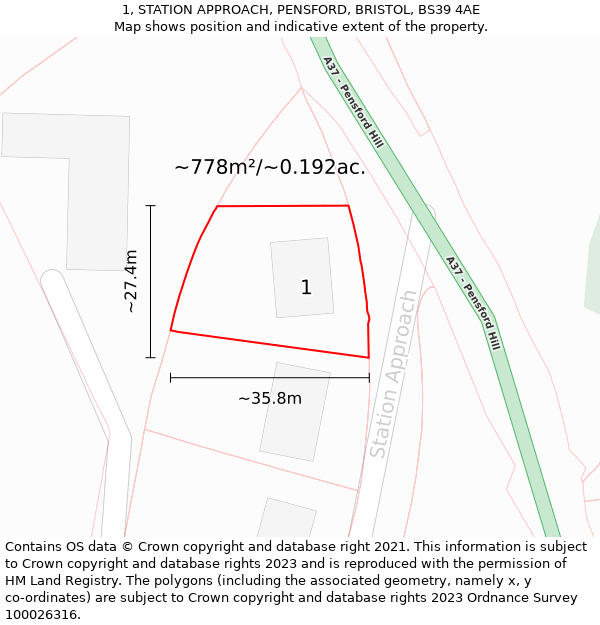 1, STATION APPROACH, PENSFORD, BRISTOL, BS39 4AE: Plot and title map