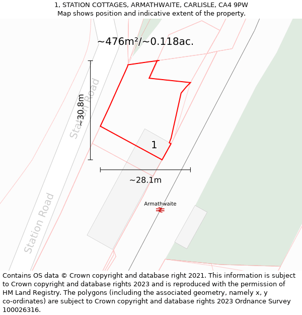 1, STATION COTTAGES, ARMATHWAITE, CARLISLE, CA4 9PW: Plot and title map