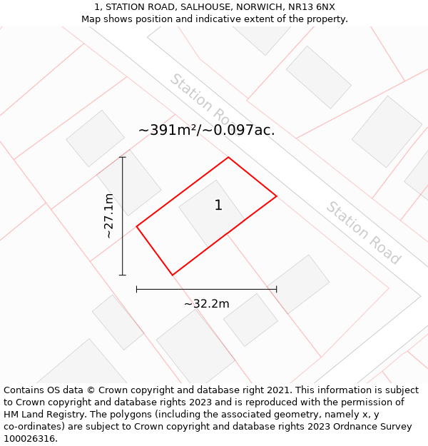 1, STATION ROAD, SALHOUSE, NORWICH, NR13 6NX: Plot and title map