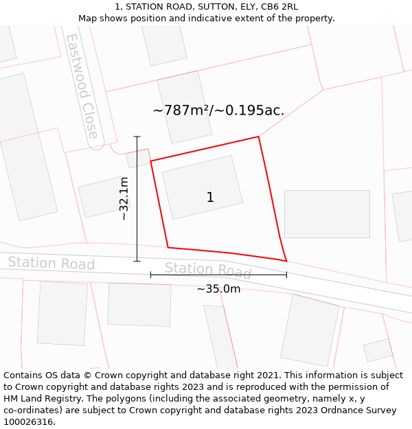 1, STATION ROAD, SUTTON, ELY, CB6 2RL: Plot and title map