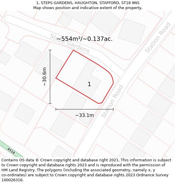 1, STEPS GARDENS, HAUGHTON, STAFFORD, ST18 9NS: Plot and title map