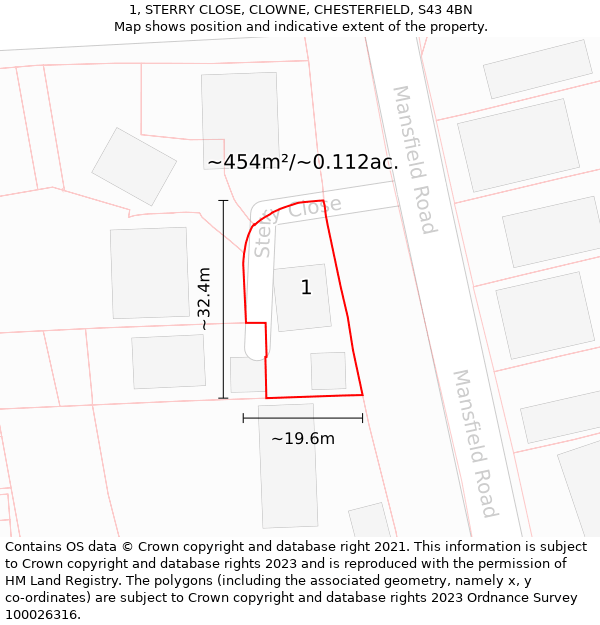 1, STERRY CLOSE, CLOWNE, CHESTERFIELD, S43 4BN: Plot and title map