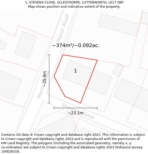 1, STEVENS CLOSE, ULLESTHORPE, LUTTERWORTH, LE17 5BP: Plot and title map