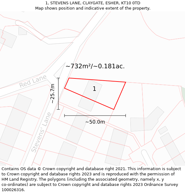 1, STEVENS LANE, CLAYGATE, ESHER, KT10 0TD: Plot and title map