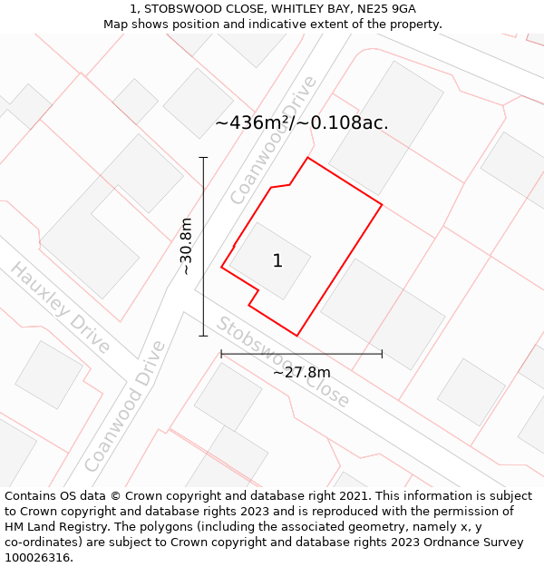 1, STOBSWOOD CLOSE, WHITLEY BAY, NE25 9GA: Plot and title map