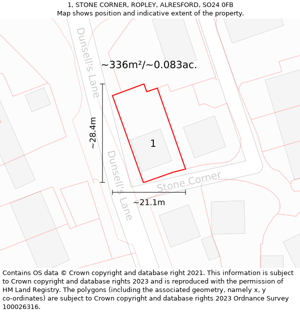 1, STONE CORNER, ROPLEY, ALRESFORD, SO24 0FB: Plot and title map