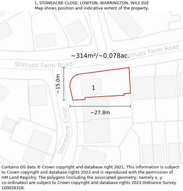 1, STONEACRE CLOSE, LOWTON, WARRINGTON, WA3 2UE: Plot and title map