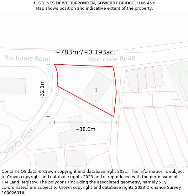 1, STONES DRIVE, RIPPONDEN, SOWERBY BRIDGE, HX6 4NY: Plot and title map