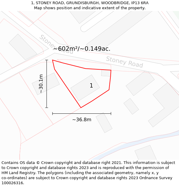 1, STONEY ROAD, GRUNDISBURGH, WOODBRIDGE, IP13 6RA: Plot and title map