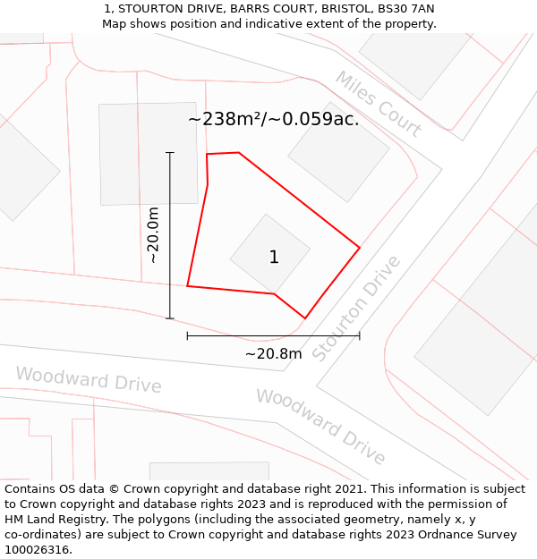 1, STOURTON DRIVE, BARRS COURT, BRISTOL, BS30 7AN: Plot and title map