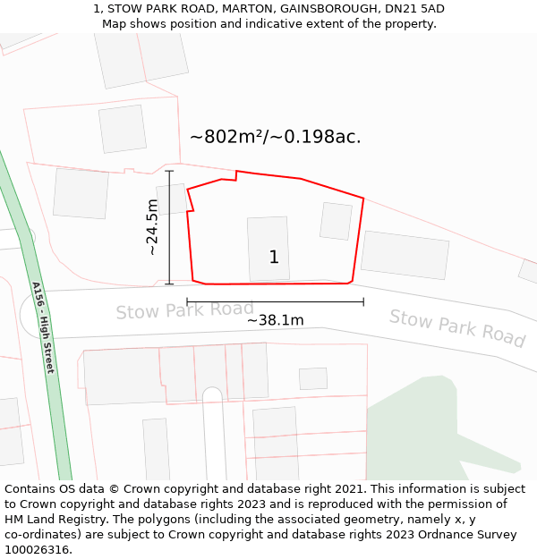 1, STOW PARK ROAD, MARTON, GAINSBOROUGH, DN21 5AD: Plot and title map