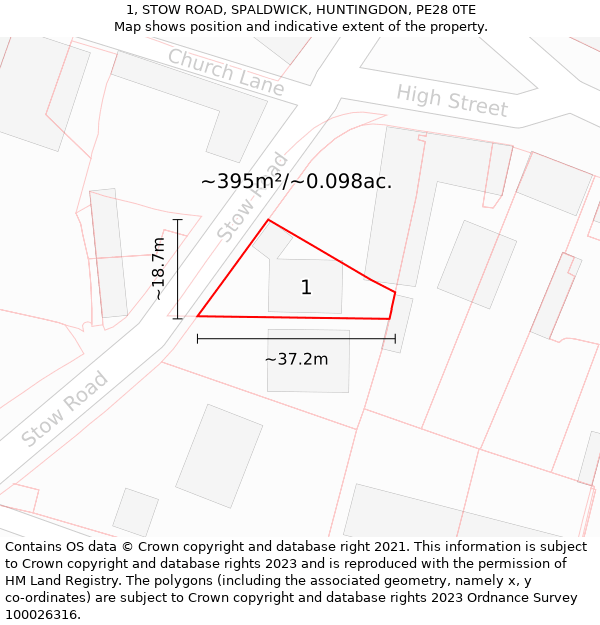 1, STOW ROAD, SPALDWICK, HUNTINGDON, PE28 0TE: Plot and title map