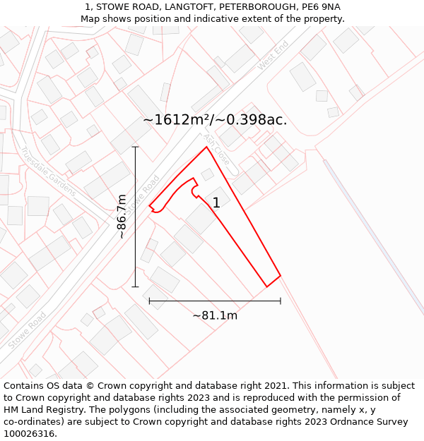 1, STOWE ROAD, LANGTOFT, PETERBOROUGH, PE6 9NA: Plot and title map