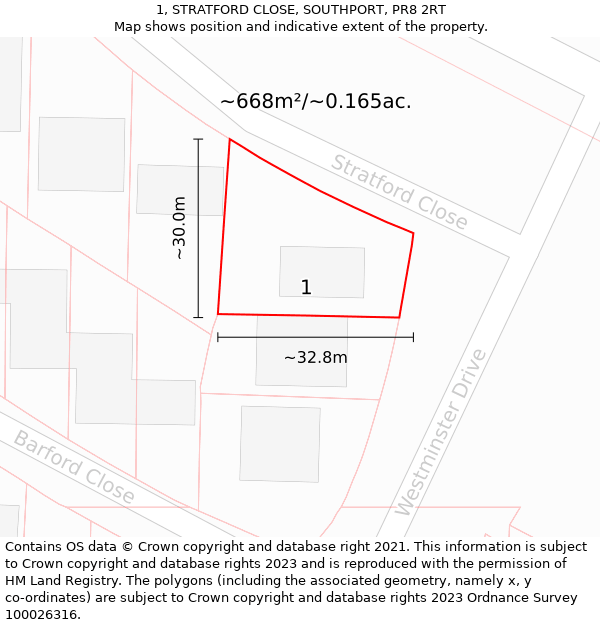 1, STRATFORD CLOSE, SOUTHPORT, PR8 2RT: Plot and title map