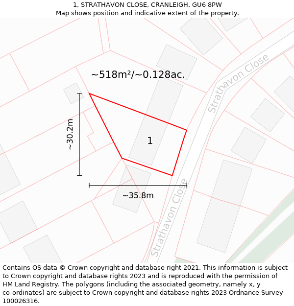 1, STRATHAVON CLOSE, CRANLEIGH, GU6 8PW: Plot and title map